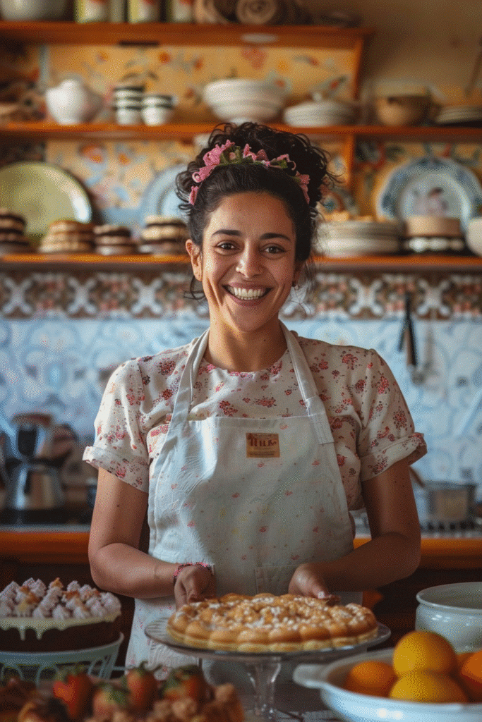 Smiling Moroccan woman in a cozy kitchen surrounded by cakes and baking tools smiling Moroccan woman