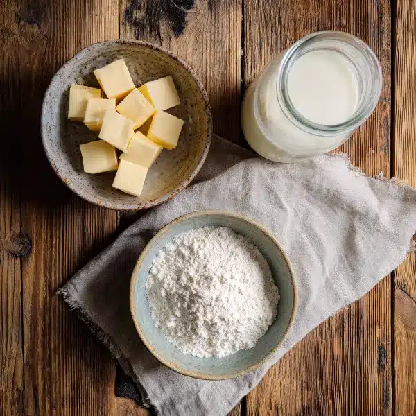 Easy 3 Ingredient Biscuit Recipe – Incredibly Fluffy & Delicious Every Time 10 Three bowls with self-rising flour, butter cubes, and milk for biscuit ingredients