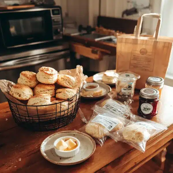 Easy 3 Ingredient Biscuit Recipe – Incredibly Fluffy & Delicious Every Time 12 Fresh 3 ingredient biscuit recipe served with jam and honey, plus frozen wrapped biscuits for storage