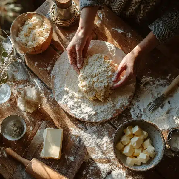 Easy 3 Ingredient Biscuit Recipe – Incredibly Fluffy & Delicious Every Time 11 Hands folding biscuit dough with flour, butter, and tools on a wooden kitchen counter