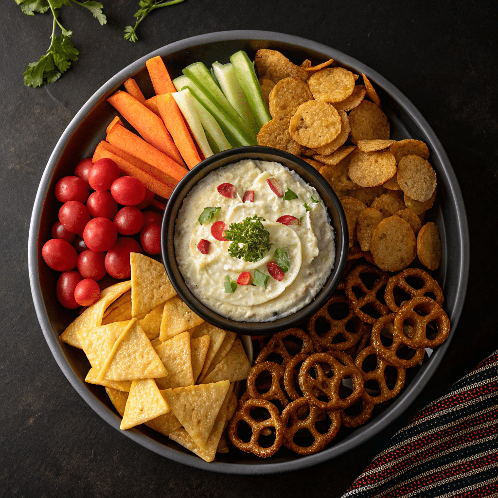 3 Ingredient Easy Onion Dip Recipe That Tastes Like It's Made From Scratch 12 party platter with 3 ingredient easy onion dip and various dippers