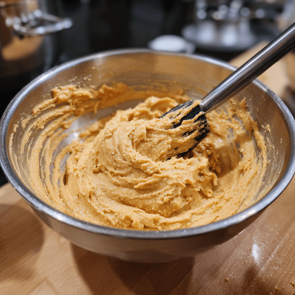 Mixing ingredients for a recipe for three ingredient peanut butter cookies