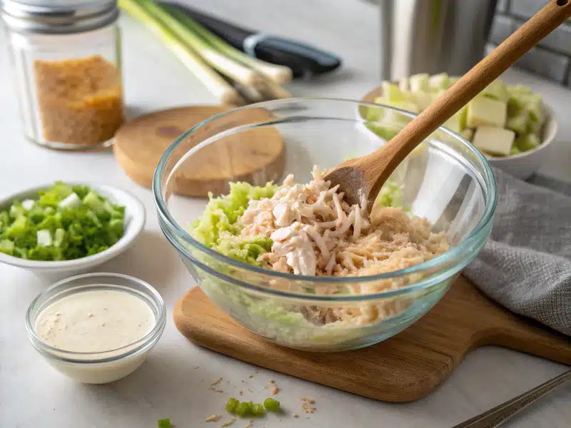 3 Ingredient Chicken Salad Recipe That’s Seriously Delicious 11 Mixing 3 ingredient chicken salad with chicken, mayo, and celery in a glass bowl
