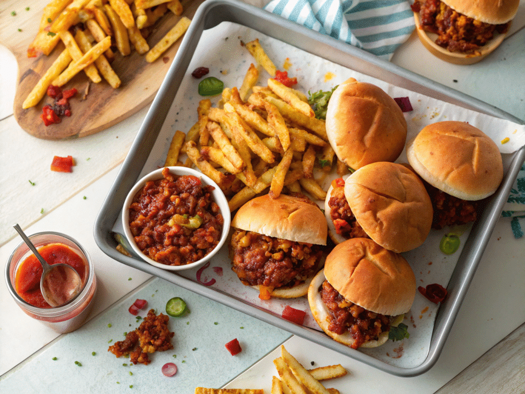 Easy Sloppy Joe Recipe 3 Ingredients – The Quickest Homemade Classic 10 Sloppy joe sliders and loaded fries topped with sloppy joe mix, served party-style on a tray, shot with Samsung S24 Ultra, overhead angle