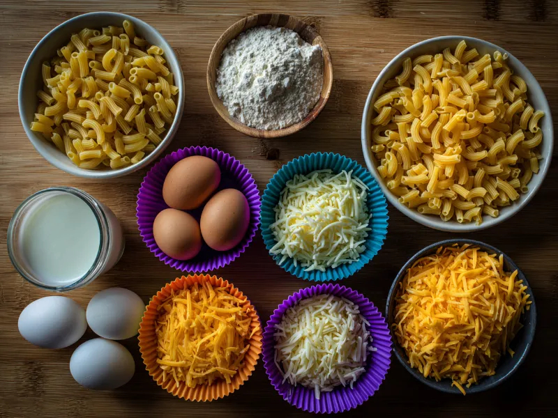 Ingredients for kid-friendly mac and cheese muffins including cheese and pasta Ingredients for kid-friendly mac and cheese muffins including cheese and pasta