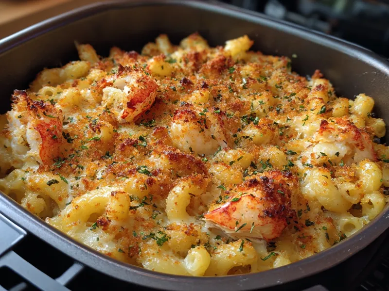 air-fryer-mac-and-cheese-cooking-process. Air frying gourmet mac and cheese with lobster and truffle