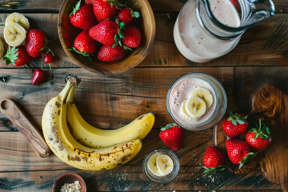 Strawberry Banana Smoothies: The Best 3-Ingredient Healthy Recipe 9 ingredients for strawberry banana smoothie laid out on wooden table