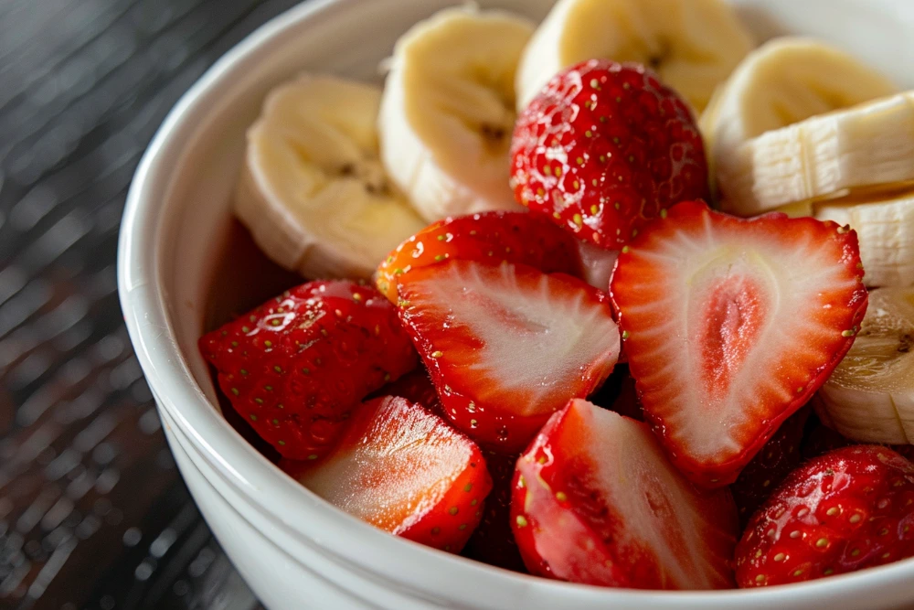 Strawberry Banana Smoothies: The Best 3-Ingredient Healthy Recipe 10 sliced strawberries and banana in a bowl close-up