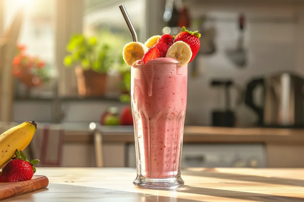 Easy Smoothie Recipes 3 Ingredients – Healthy, Quick & Delicious 2 strawberry banana smoothie in clear glass with fruit toppings