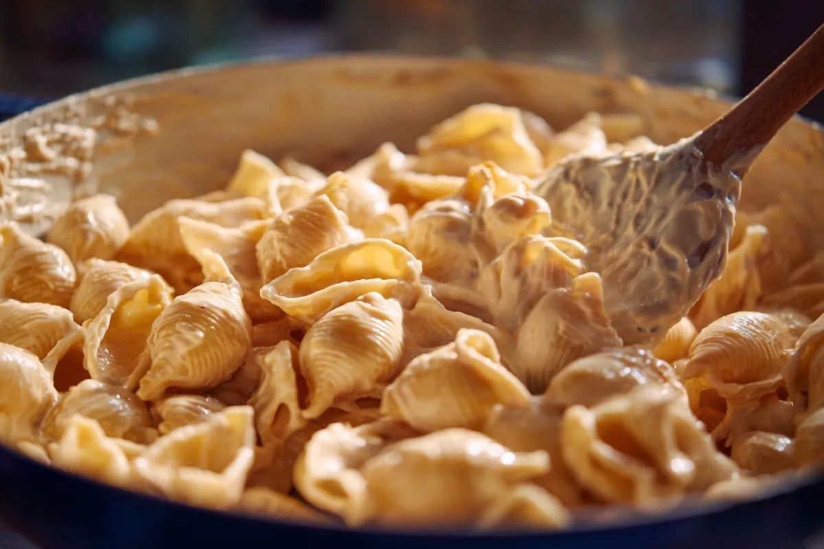 image_1200x800_1753299459944 Mixing vegan cheese sauce with pasta for mac and cheese