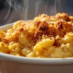 Spicy Air Fryer Mac and Cheese topped with crispy cheese