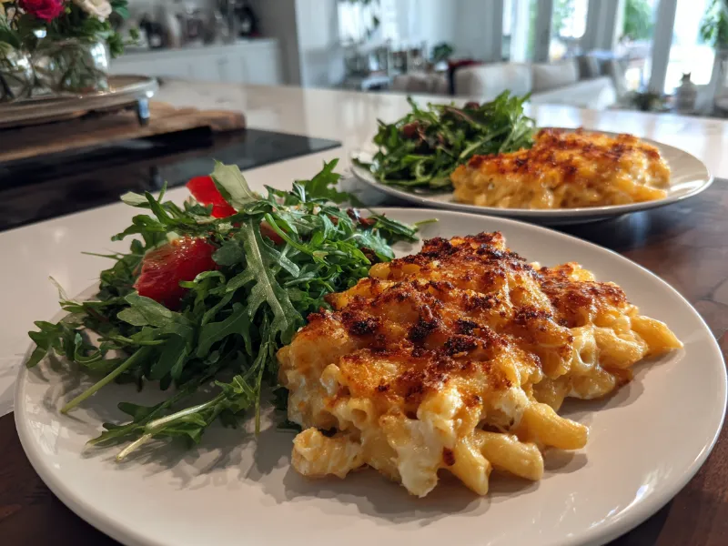 How To Make The Best Gourmet Air Fryer Mac And Cheese At Home 4 Gourmet mac and cheese served with salad and white wine