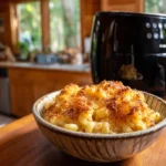 A bowl of creamy $5 air fryer mac and cheese with a golden crispy cheese topping, served beside a modern black air fryer on a rustic wooden countertop.