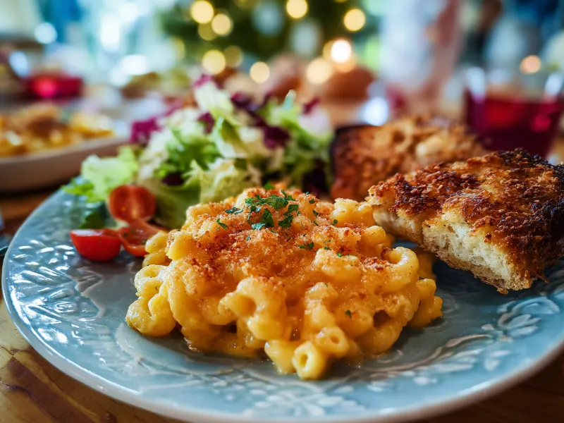 serving-mac-and-cheese-air-fryer-dinner serving quick air fryer mac and cheese with salad and bread