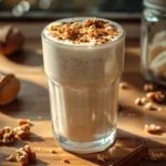 banana nut energy smoothie in a glass with crushed walnuts