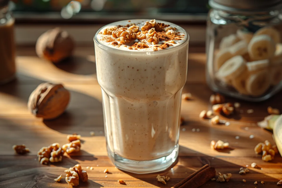 banana nut energy smoothie in a glass with crushed walnuts