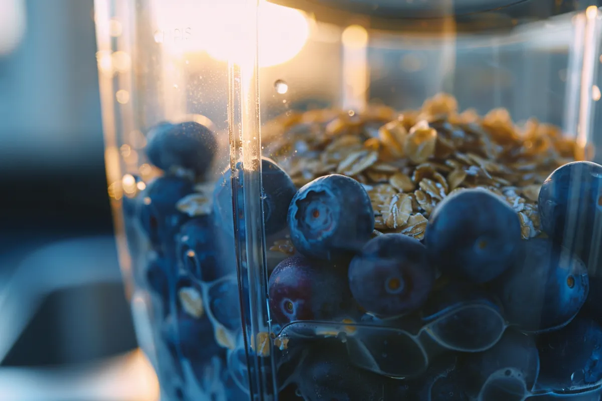 blueberry-oat-protein-smoothie-blending blender with blueberries oats and protein powder for smoothie