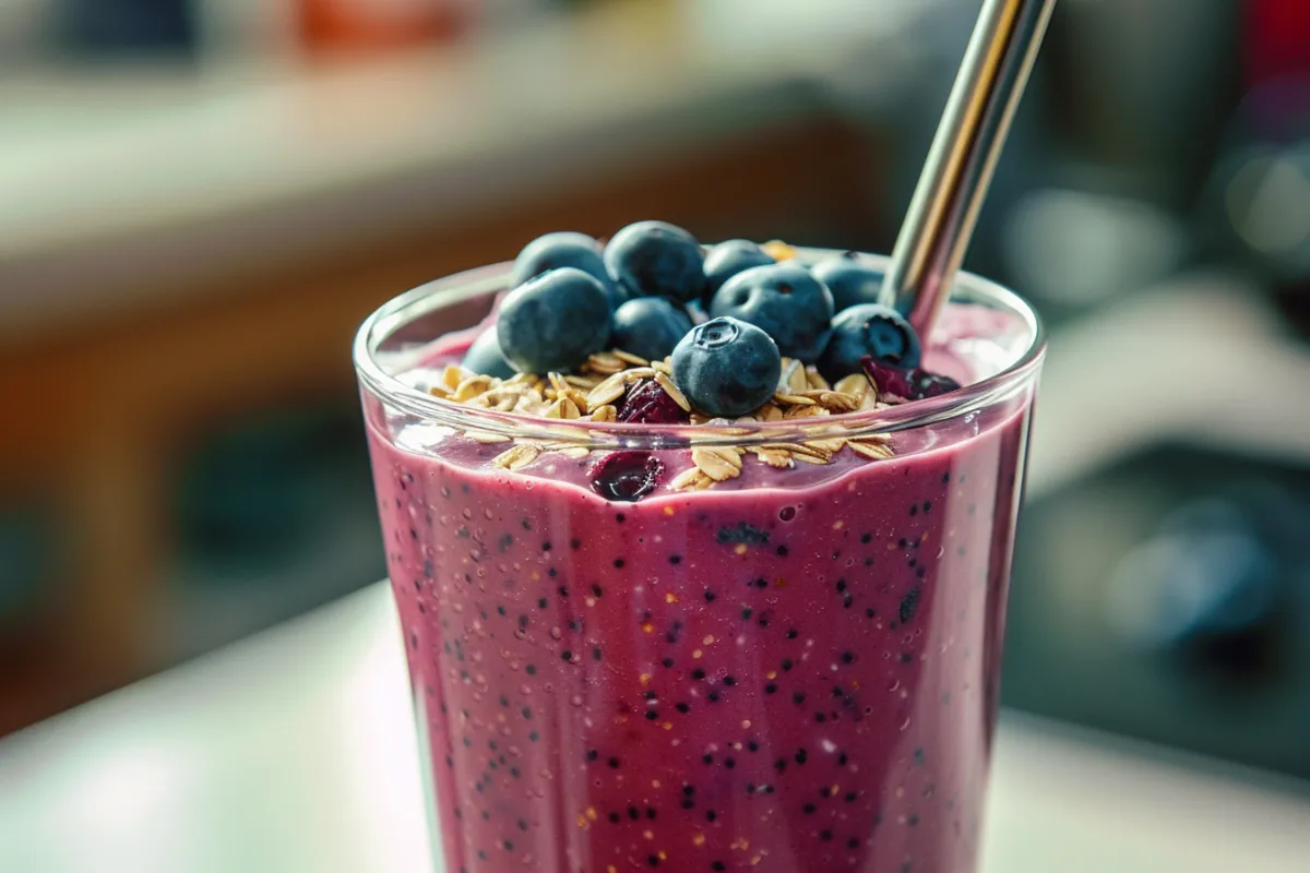 blueberry oat protein smoothie with fresh blueberries and oats