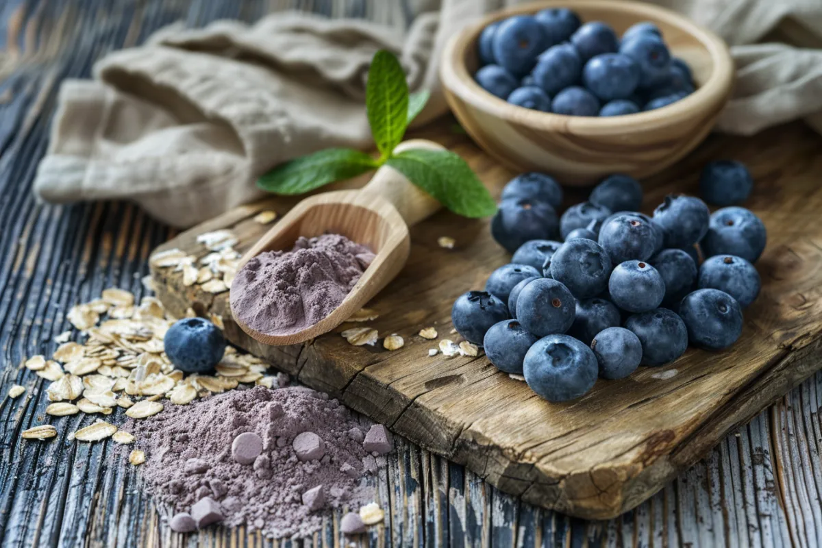 blueberry-oat-protein-smoothie-ingredients ingredients for blueberry oat protein smoothie on a wooden board