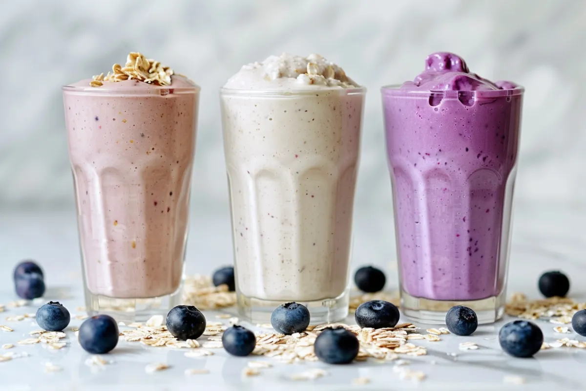 blueberry-oat-protein-smoothie-variations three blueberry oat protein smoothies with different variations