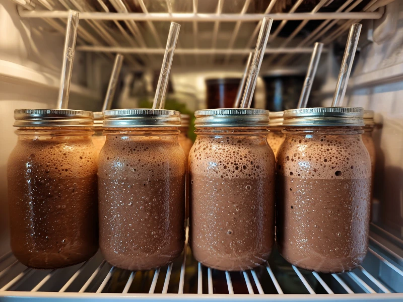 chocolate-banana-smoothie-recipe-storage Storing chocolate banana smoothie recipe in jars