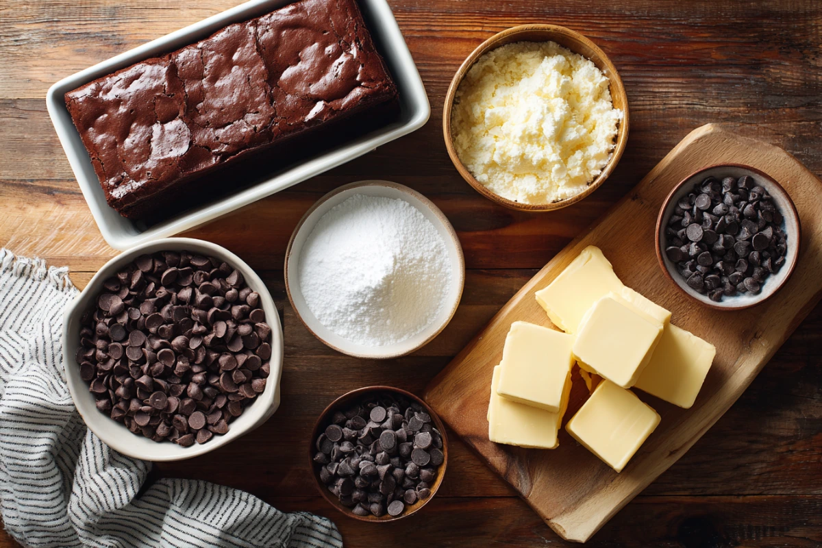 chocolate-dump-cake-ingredientsS Chocolate dump cake ingredients flat lay on a wooden counter