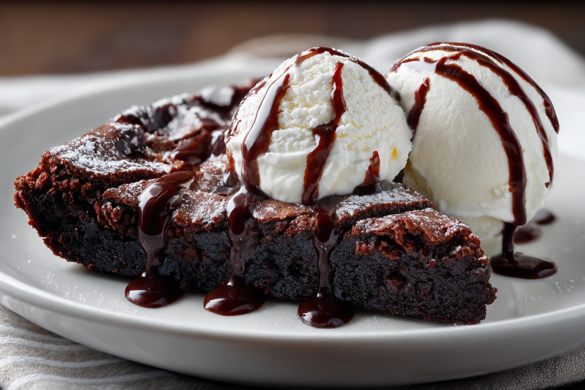 chocolate-dump-cake-serving Slice of chocolate dump cake with ice cream and chocolate drizzle