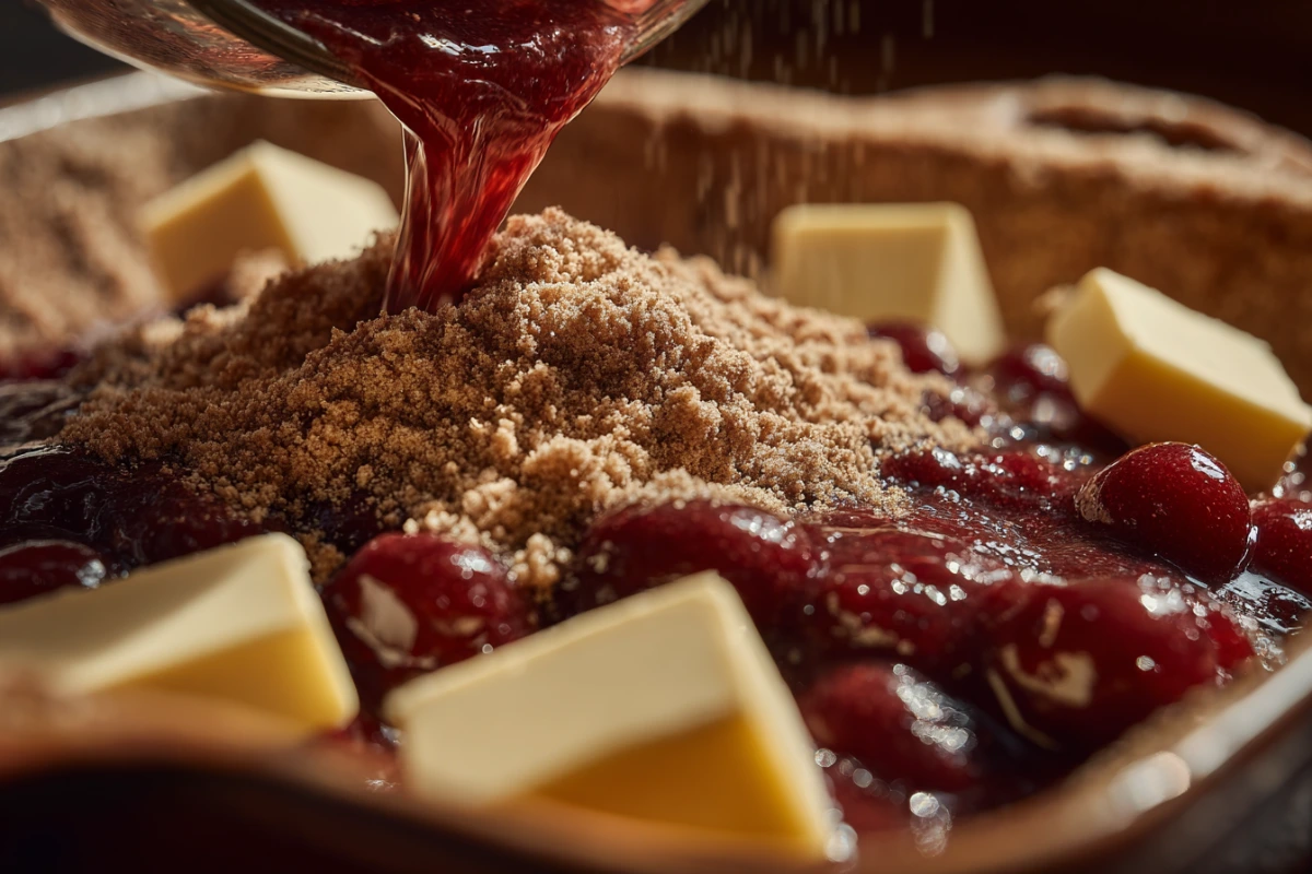 chocolate-dump-cake-step-by-step Step-by-step process of making chocolate dump cake in a baking dish