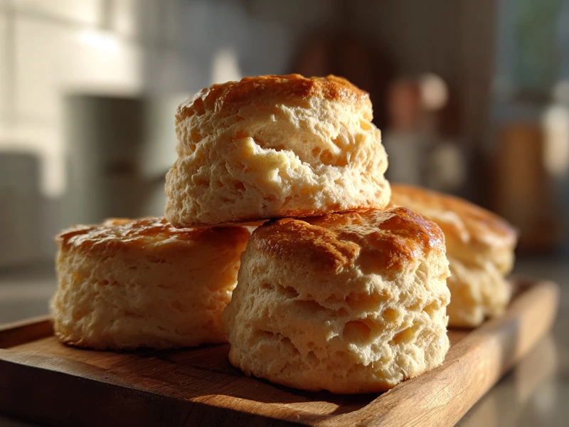 Freshly baked fluffy 3 ingredient biscuits on a wooden tray