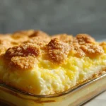 Freshly baked lemon cream cheese dump cake in a baking dish