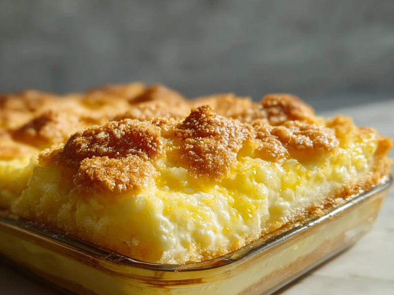 Freshly baked lemon cream cheese dump cake in a baking dish