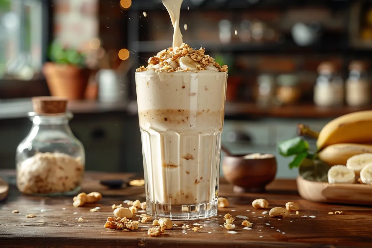 pouring-banana-nut-energy-smoothie. pouring banana nut energy smoothie into a glass