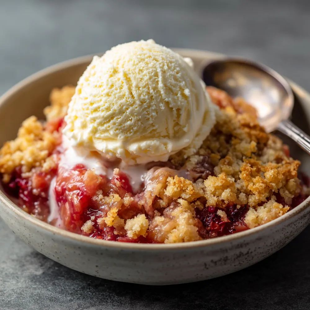 A scoop of rhubarb dump cake in a bowl topped with vanilla ice cream Rhubarb dump cake with vanilla ice cream