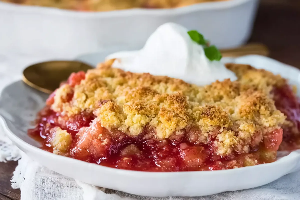 Freshly baked rhubarb dump cake in a pan