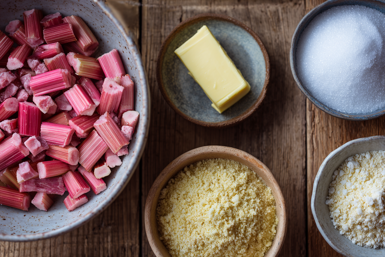 ferdaous_42779_Flat_lay_of_ingredients_chopped_rhubarb_sugar__9dc97a84-596c-44b6-8d2f-7ff5cc764568_0 Ingredients for rhubarb dump cake