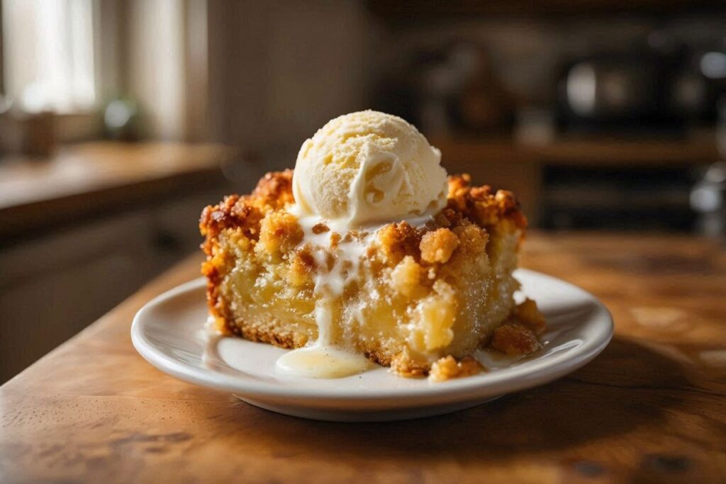 A Sensational Lemon Dump Cake Recipe served warm with vanilla ice cream.