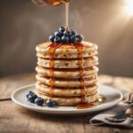 Stack of fluffy easy pancake recipe 3 ingredients with syrup and blueberries.
