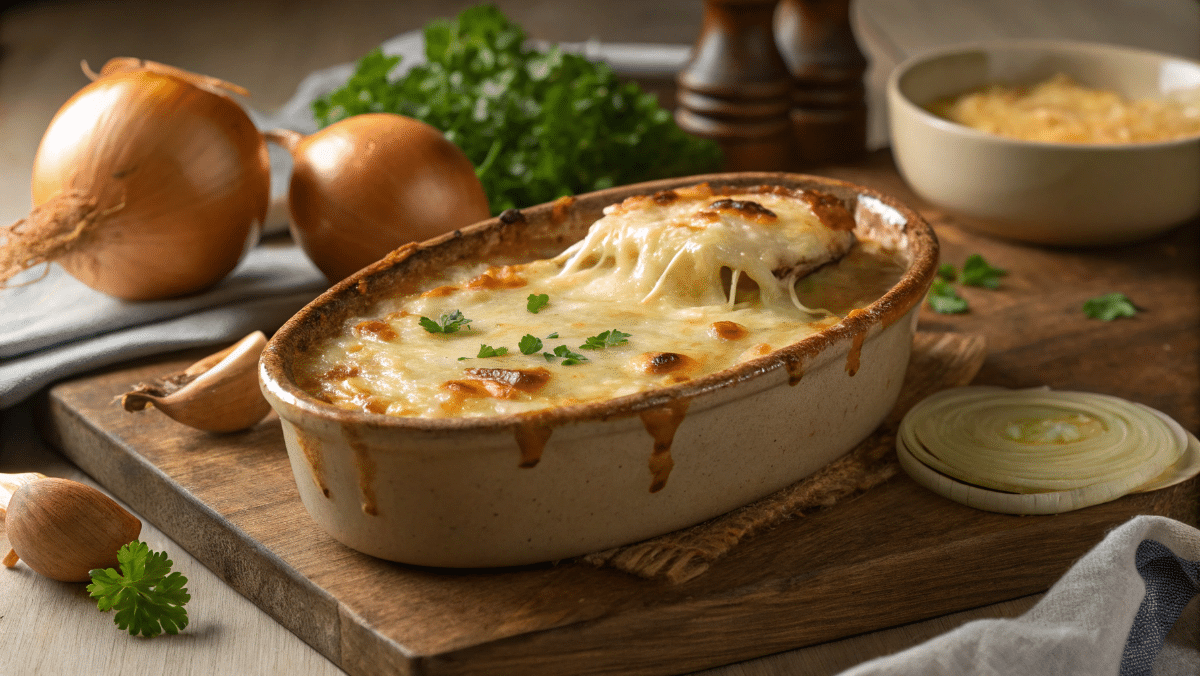 Cheesy Onion Boil baked with golden melted cheese and tender onions