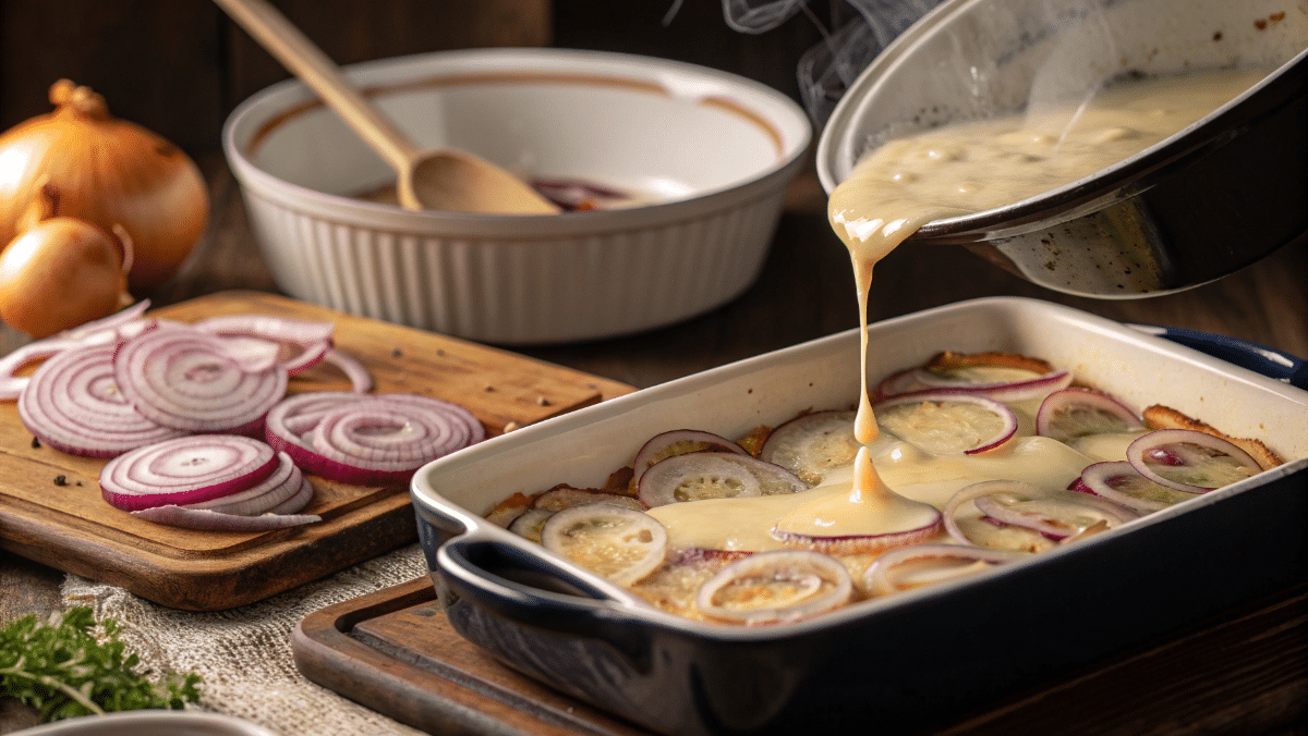 Preparing Cheesy Onion Boil with tender onions and creamy cheese sauce