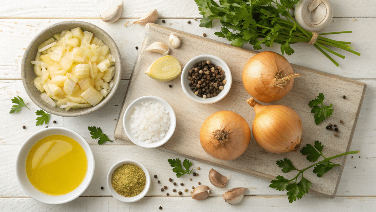 Ingredients for Garlic Butter Onion Boil with fresh onions and garlic