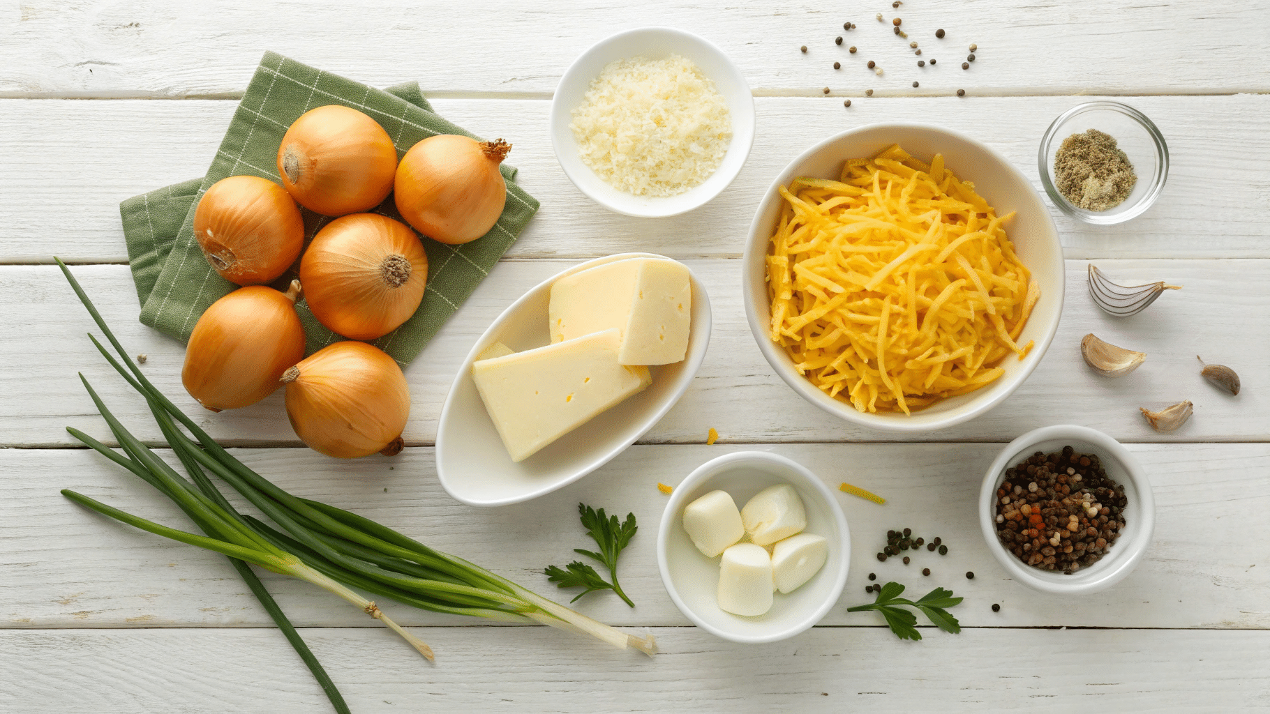 Fresh ingredients for Cheesy Onion Boil including onions and shredded cheese