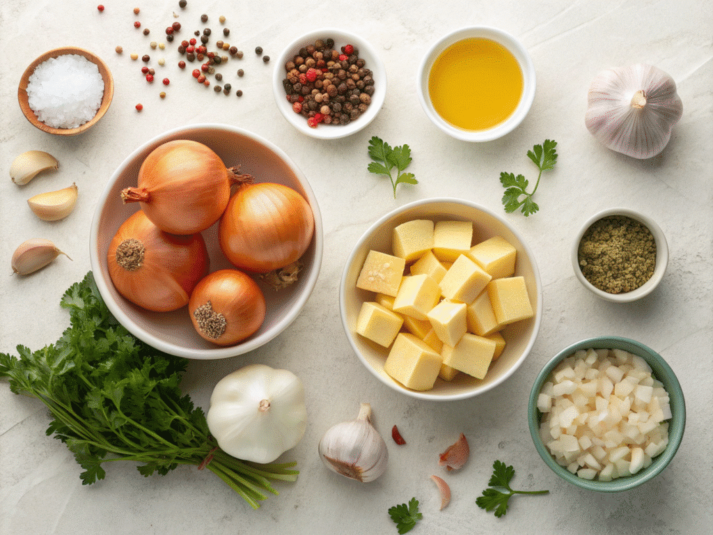 Air fryer onion boil ingredients ready for cooking with butter, garlic, and seasonings